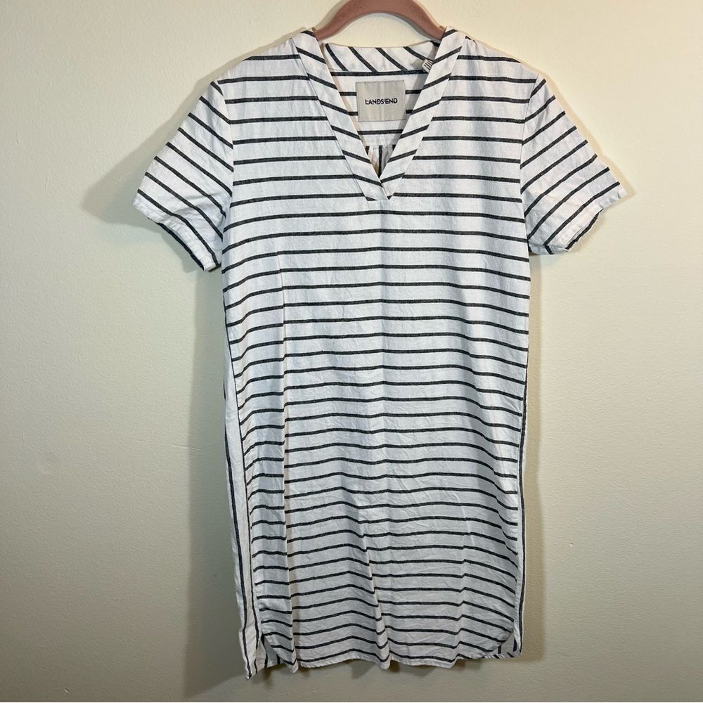 Lands’ End Women’s White Gray Striped‎ Shirt Dress 4